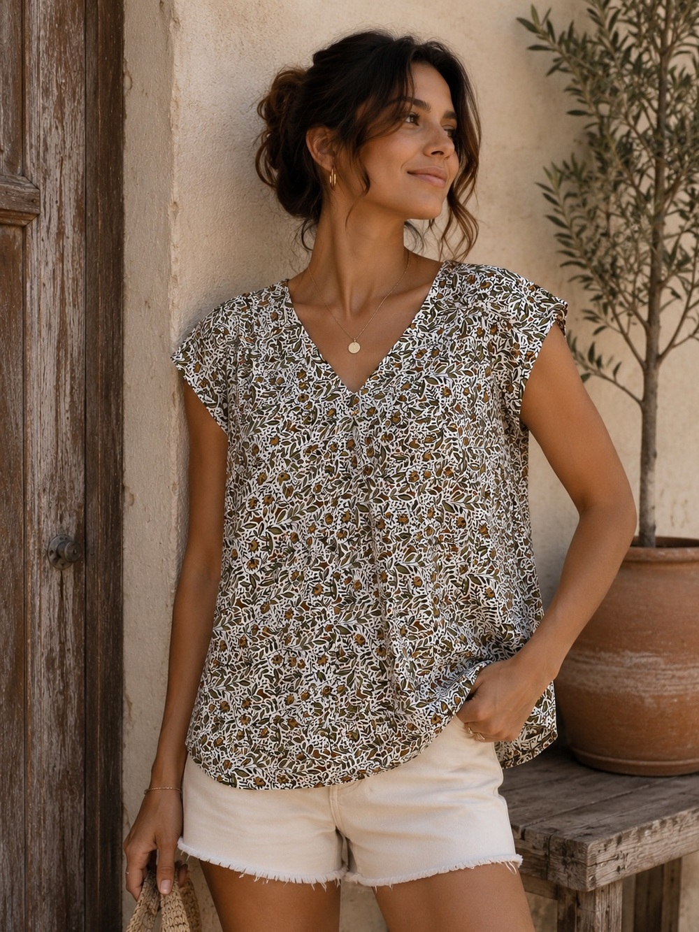 Liverpool Los Angeles Olive Floral Cotton Modal Boho Tie Back Blouse XS